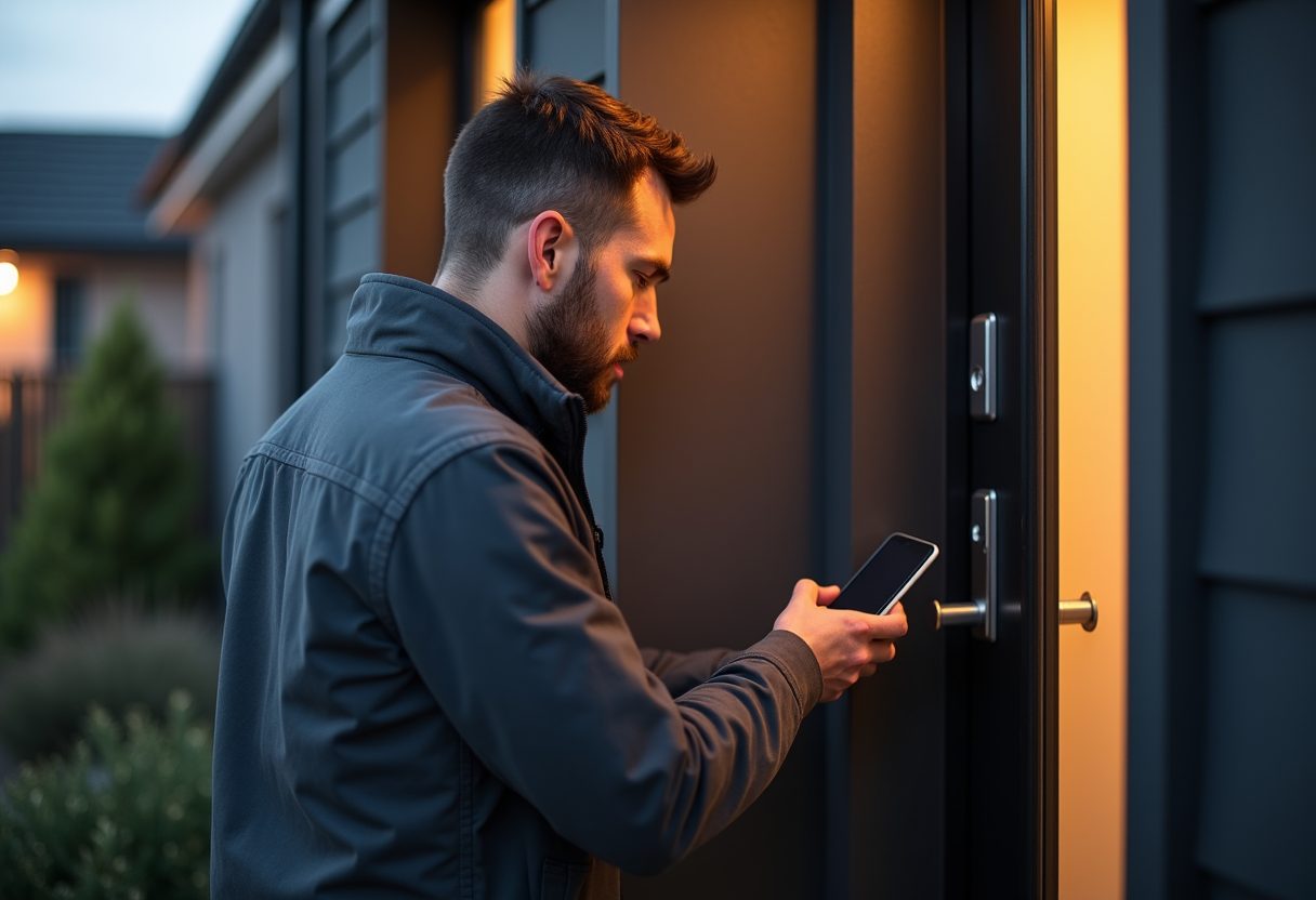 Keypad smart lock being installed on a modern front door — Denistone